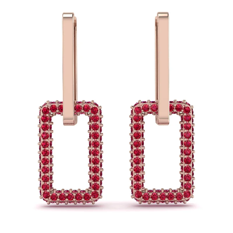 Geometric Gold Earrings-Luxury Square Chain Link Gold Earrings With Ruby - Zuri No. 11