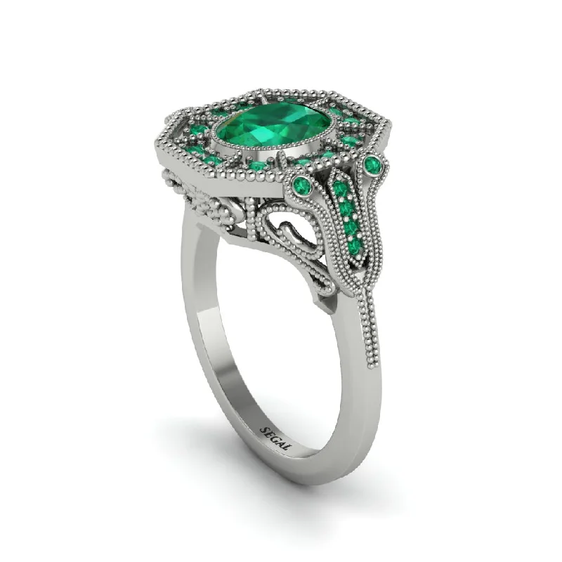 Custom Engagement Rings With Birthstones For Her-Emerald Oval Cut Art Deco Engagement Ring - Tabitha No. 21