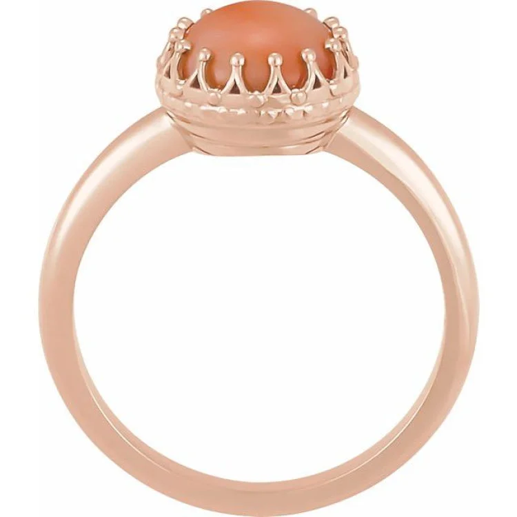 Custom Rose Gold Wedding Rings For Bridesmaids-14K Rose 6 mm Natural Pink Coral Crown Cabochon Ring