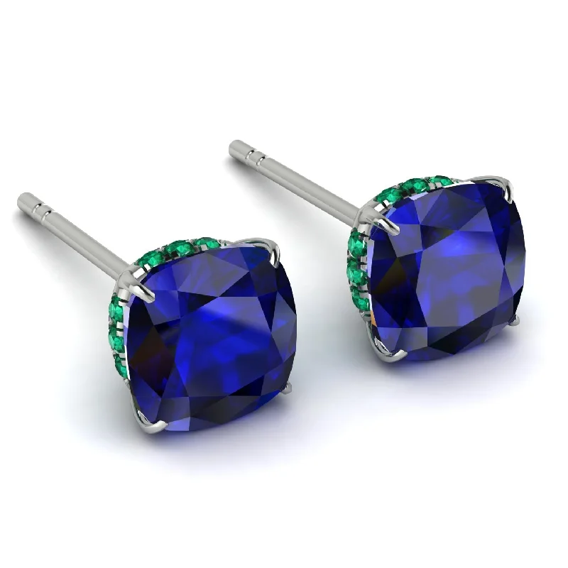 Artistic Hoop Earrings For Women-Hidden Halo Cushion Sapphire Earrings - Alivia No. 30