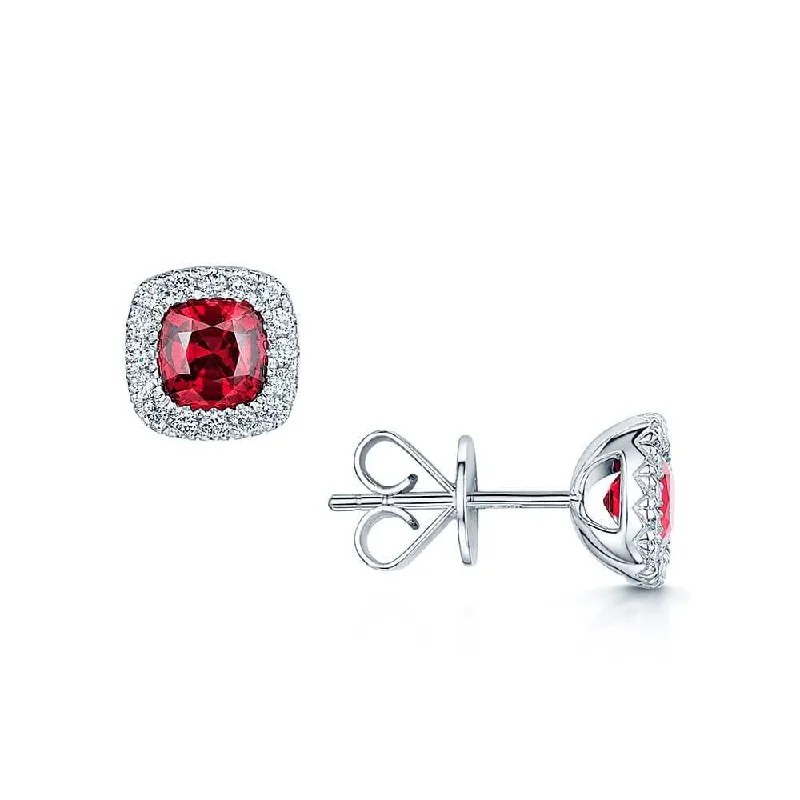 Minimalist Earrings For Chic Style-18ct White Gold Cushion Shape Ruby & Diamond Stud Earrings