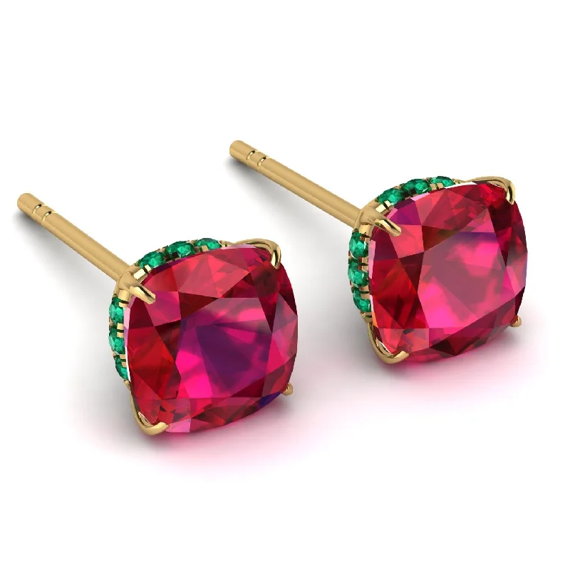 Large Gold Earrings For Evening Parties-Hidden Halo Cushion Ruby Earrings - Alivia No. 25