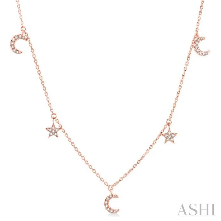 Unique Chain Necklace For Fashion Enthusiasts-1/8 ctw Star and Moon Crescent Round Cut Diamond Necklace in 14K Rose Gold