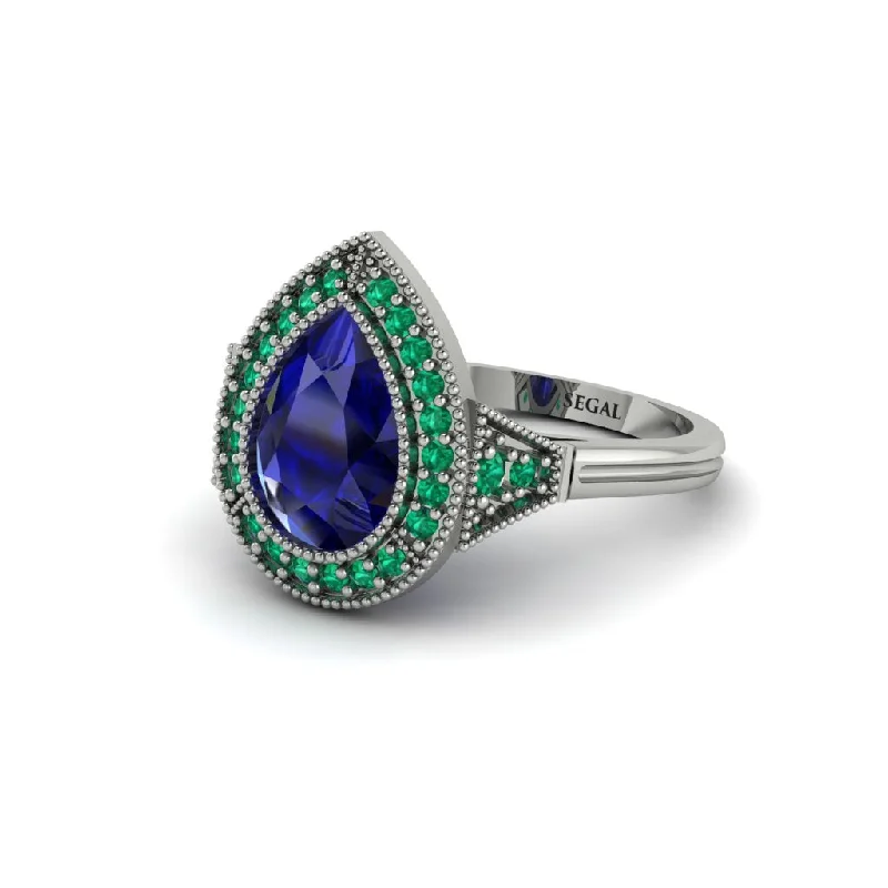 Luxury Platinum Rings For Engagement-Pear Cut Sapphire Milgrain Halo Engagement Ring - Daleyza No. 30