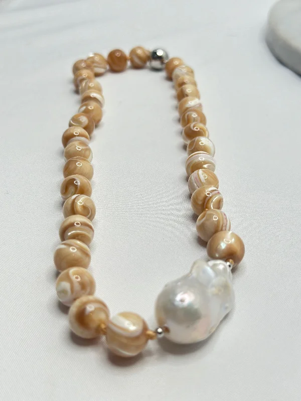 Custom Birthstone Necklace For Special Occasions-Necklace - Shell Stones & White Baroque Pearl