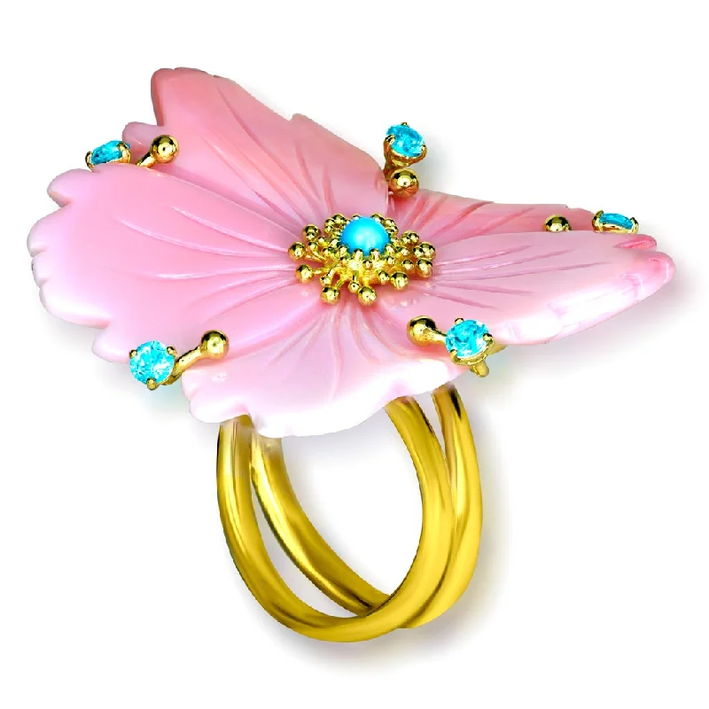 Custom Vintage Rings For Special Occasions-Gold Blossom Ring with Carved Mother Of Pearl