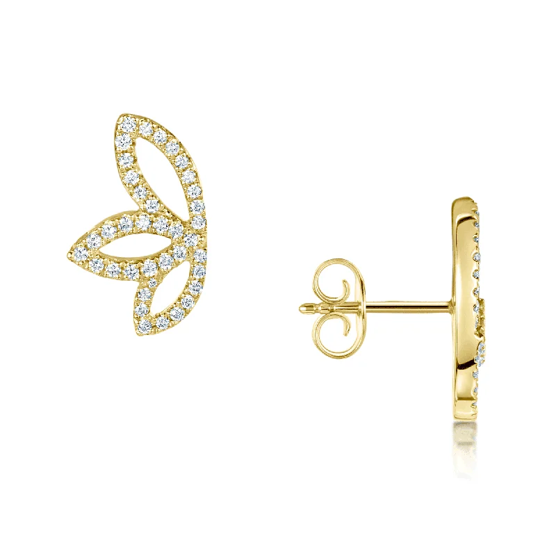 Simple and Elegant Earrings For Casual Look-18ct Yellow Gold Round Brilliant Cut Diamond Leaf Shape Earrings