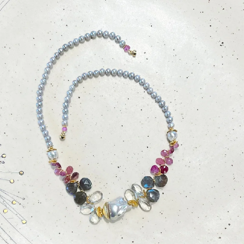 Long Beaded Necklace For Boho Weddings-Gray Fresh Water Pearl, Multi Color Sapphire & Gray Baroque Pearl Necklace