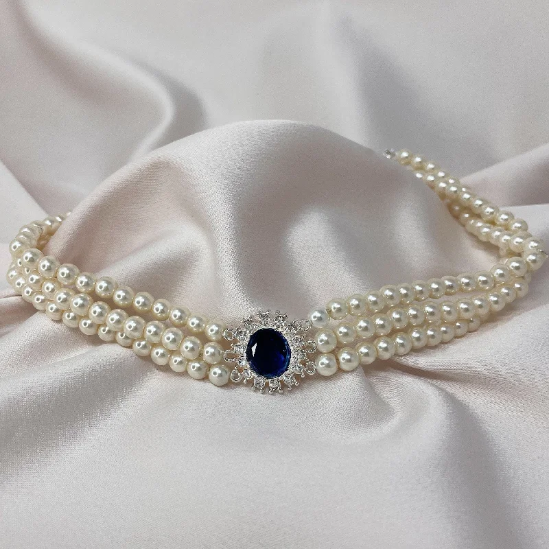 Custom Silver Heart Necklace For Gifts-Princess Diana Inspired Pearl choker: Vintage Sapphire Necklace