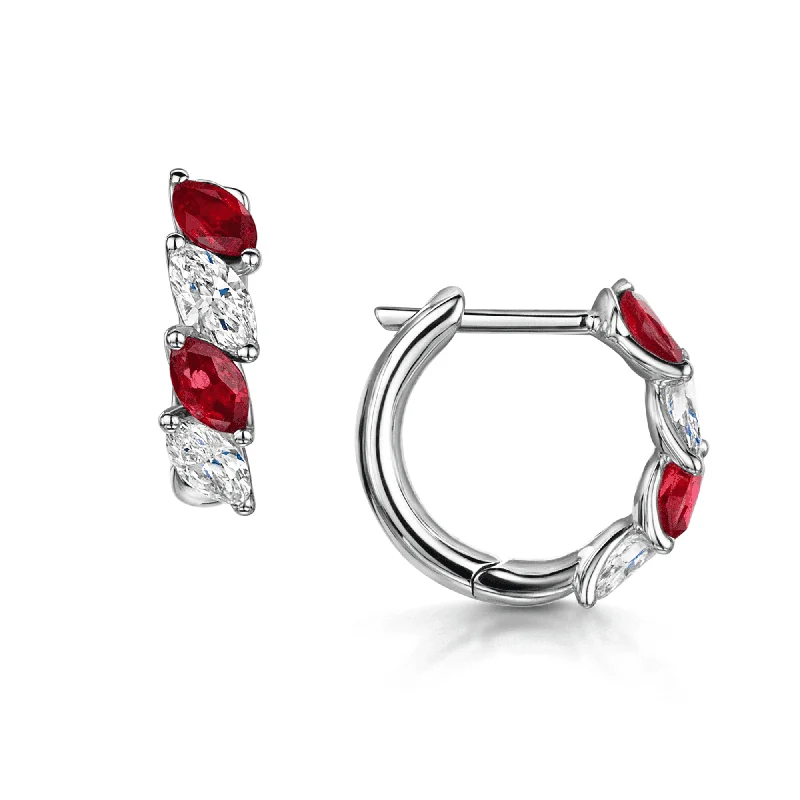 Vintage Art Deco Earrings-18ct White Gold Marquise Shape Ruby and Diamond Hoop Earrings