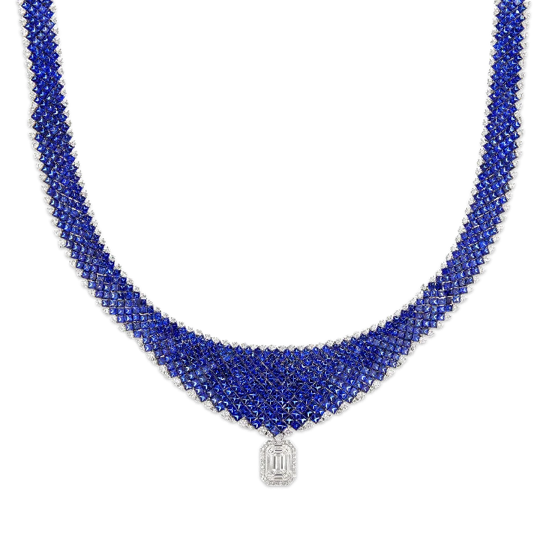 Classic Choker Necklace For Fashionable Look-Invisible Set Sapphire Necklace, 100.00 Carats