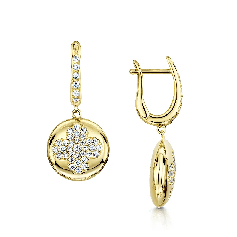 Large Gold Earrings For Evening Parties-18ct Yellow Gold Circle Pave Flower Diamond Drop Earrings With A Diamond Hoop