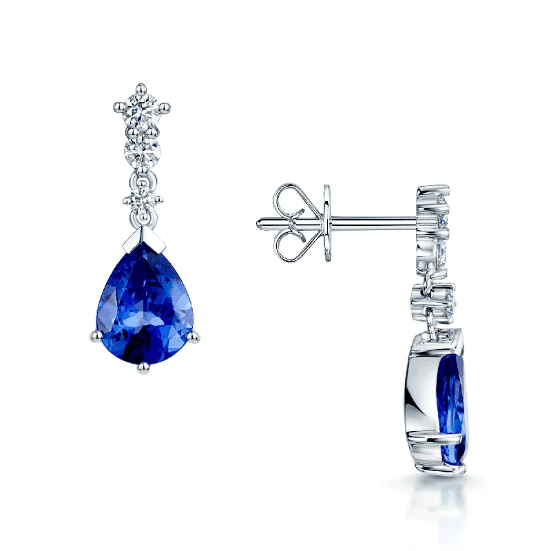 Geometric Hoop Earrings For Modern Look-18ct White Gold Round Brilliant Cut Diamond And Pear Cut Tanzanite Drop Earrings