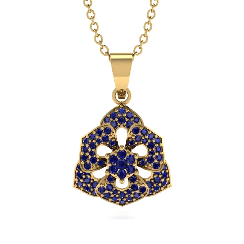 Custom Gold Necklace For Wedding Day-Gilded Rose Pendant Necklace With Dazzling Sapphire - Lori No. 13