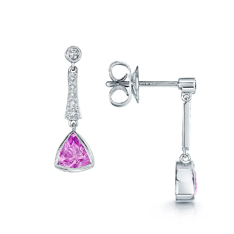 Bold Drop Earrings For Special Occasions-18ct White Gold Triangular Pink Sapphire & Diamond Drop Earrings