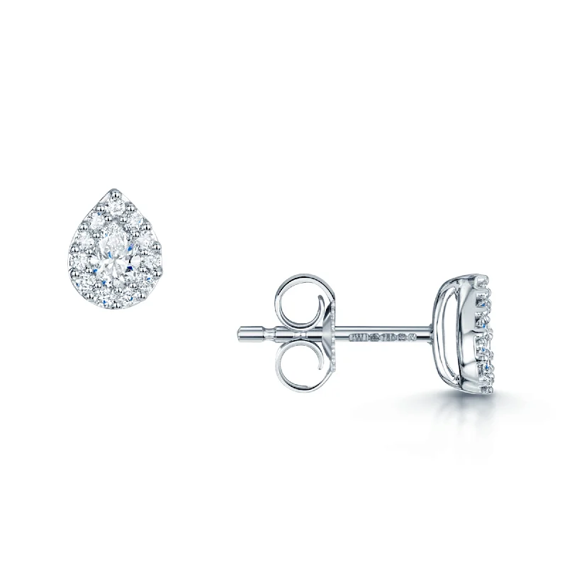 Cute Heart-Shaped Earrings-18ct White Gold Pear Cut Diamond 0.30ct Halo Stud Earrings