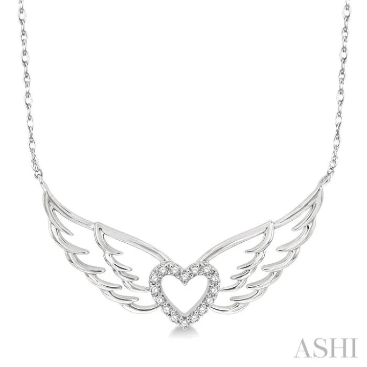 Colorful Beaded Necklace For Summer Look-1/8 Ctw Angel Wings Heart Round Cut Diamond Necklace in 10K White Gold