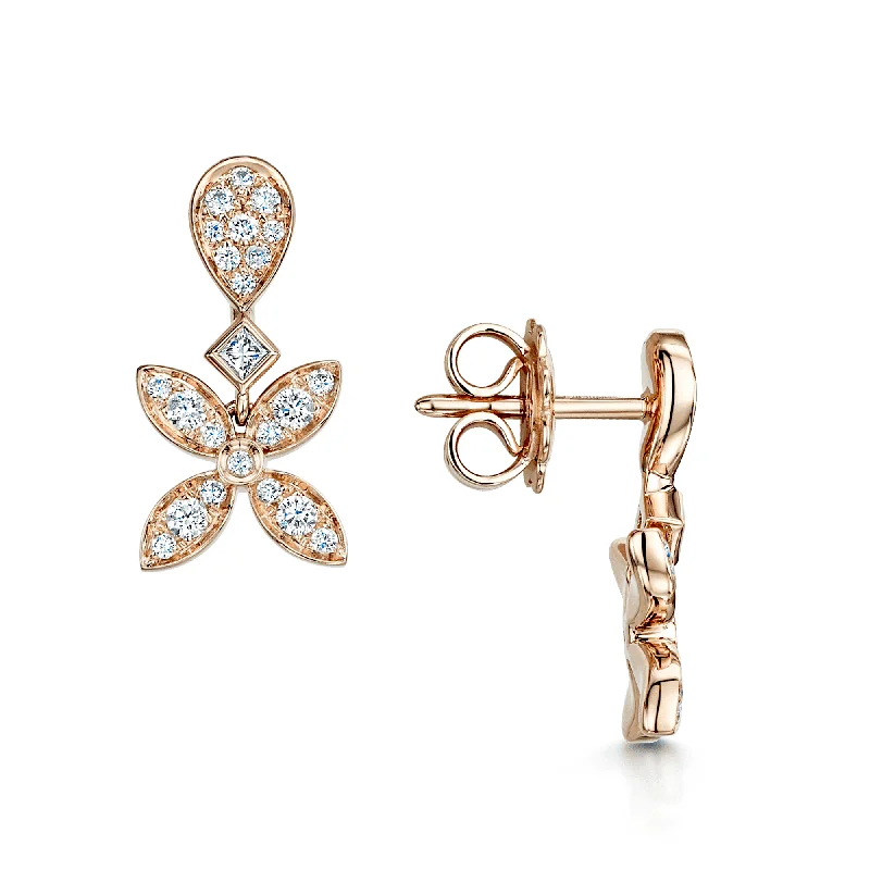 Chic Pearl Earrings For Business Attire-18ct Rose Gold Flower Drop And A Hoop Earring With Diamond Pave set Petals