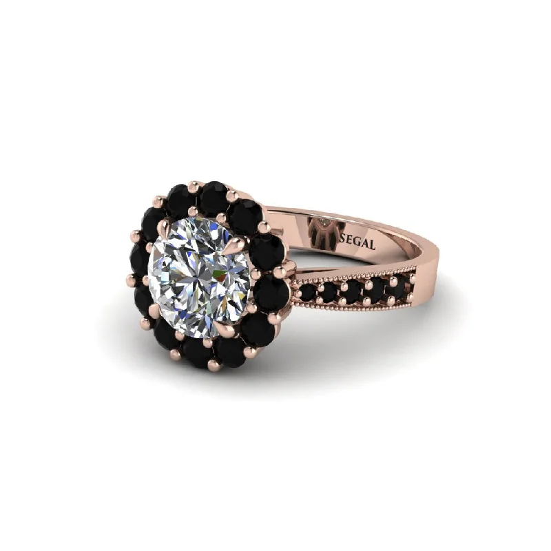 Elegant Gold Rings For Engagement Day-Black Diamond Round Halo Engagement Ring - Unity No. 32