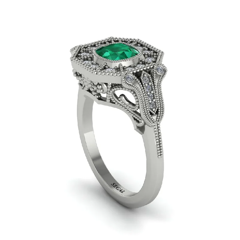 Custom Promise Rings For Unique Couples-Emerald Cushion Cut Art Deco Engagement Ring - Kristin No. 6