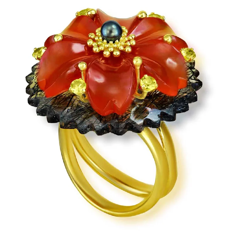 Luxury Wedding Rings For Bridesmaids-Gold Blossom Ring with Carnelian & Rutilated Quartz