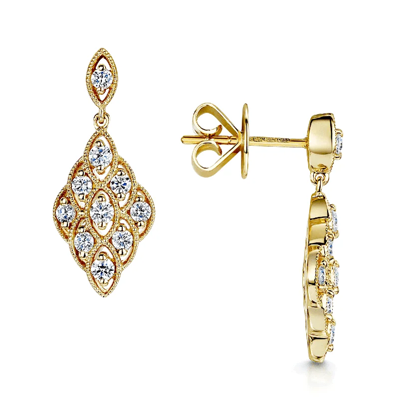 Personalized Hoop Earrings With Charms-18ct Yellow Gold Round Brilliant Cut Diamond Set Vintage Style Drop Earrings