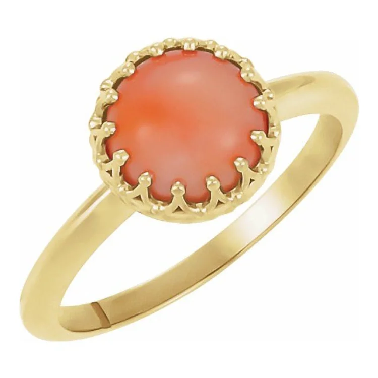 Elegant Wedding Rings For Minimalist Brides-14K Yellow 5 mm Natural Pink Coral Crown Cabochon Ring