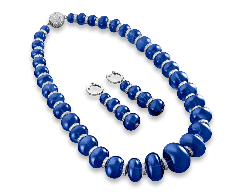 Custom Name Necklace For Fashionable Look-Tanzanite Bead Necklace and Earring Suite, 925.10 Carats