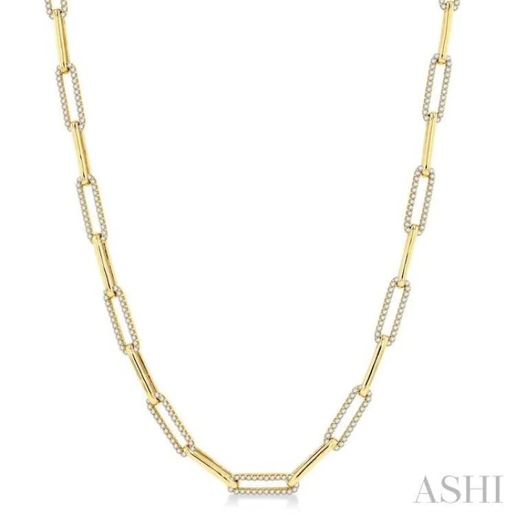 Simple Layered Necklace For Chic Style-2 Ctw Round Cut Diamond Paper Clip Link Necklace in 14K Yellow Gold