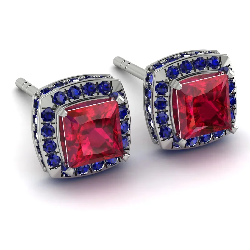 Simple Gemstone Earrings For Office-Hidden Halo Princess Ruby Earrings - Georgia No. 72