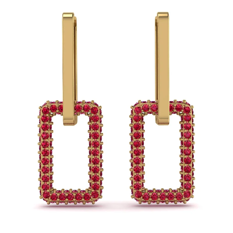 Silver Drop Earrings With Gemstones-Luxury Square Chain Link Gold Earrings With Ruby - Zuri No. 10