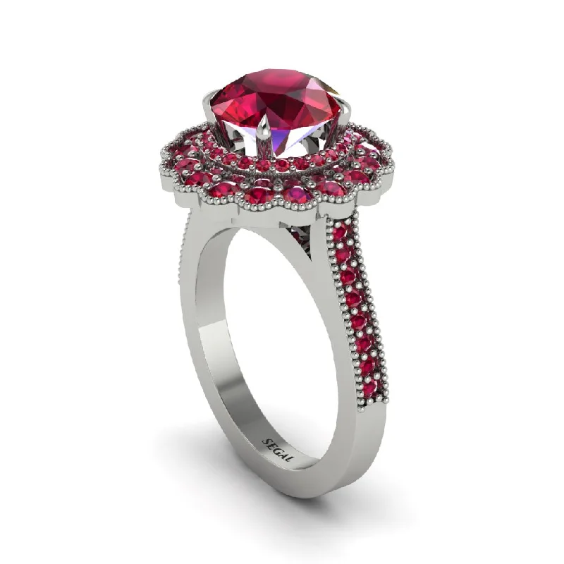 Simple Personalized Rings For Daily Style-Ruby Double Halo Cathedral Engagement Ring - Deirdre No. 57