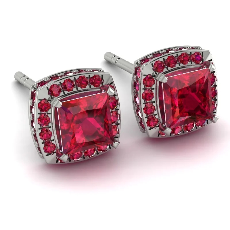 Stylish Drop Earrings For Date Night-Hidden Halo Princess Ruby Earrings - Georgia No. 57