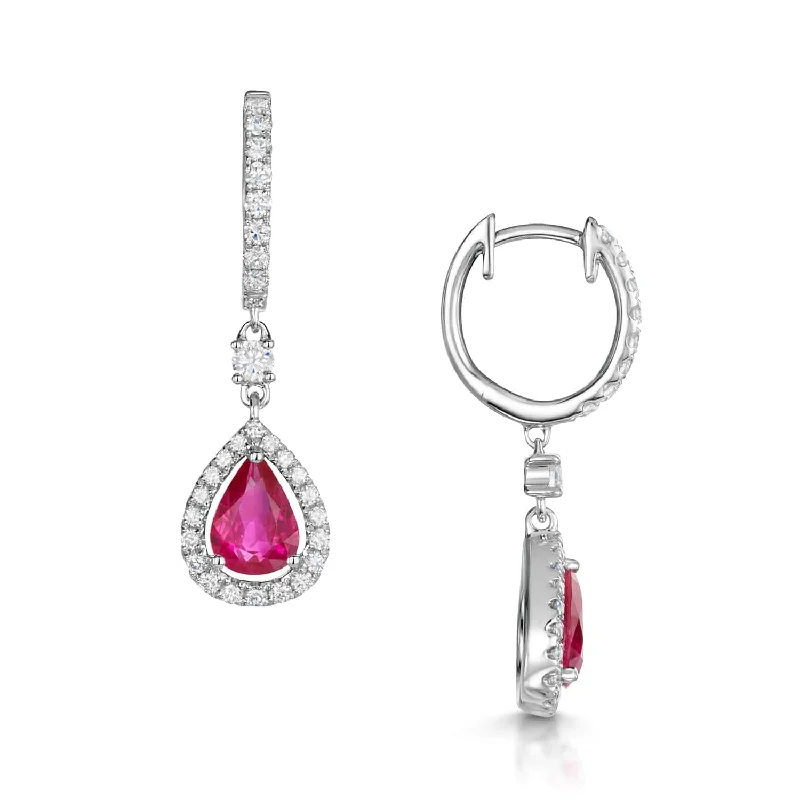 Chic Pearl Earrings For Business Attire-18ct White Gold Pear Shape Ruby And Diamond Drop Earrings