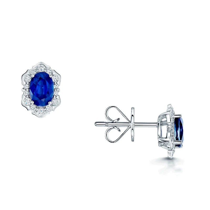 Fashionable Earrings For Summer Weddings-18ct White Gold Oval Sapphire And Diamond Fancy Cluster Stud Earrings