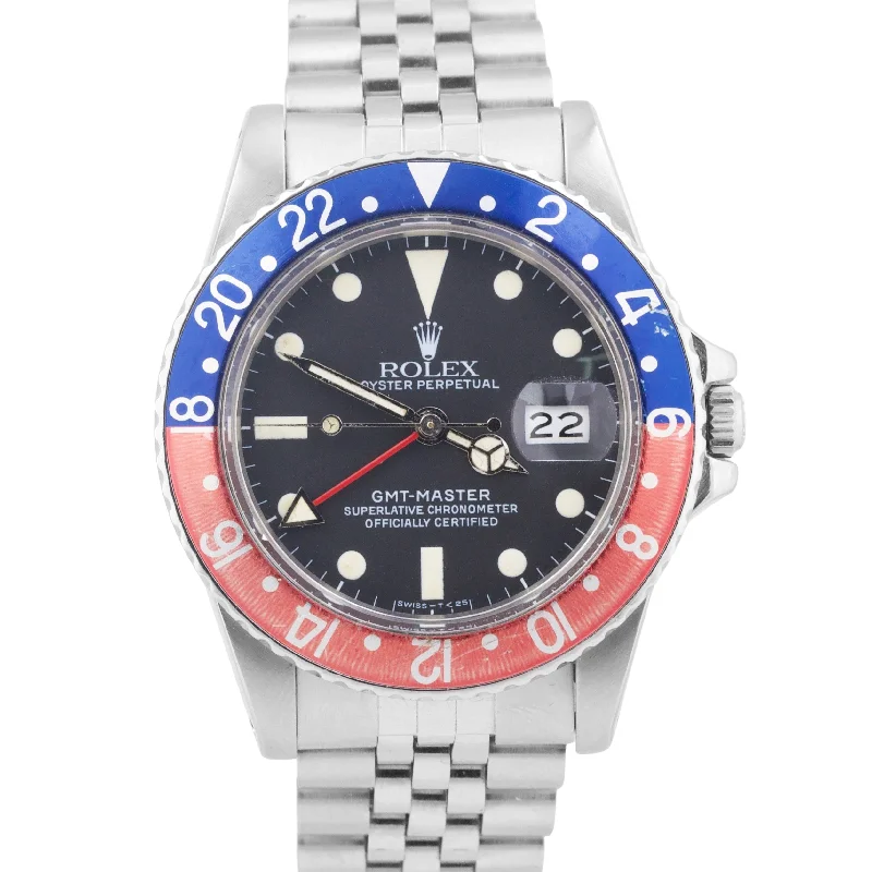 Durable Watches For Workouts-1984 Rolex GMT-Master MATTE BLACK PEPSI Steel Red Blue JUBILEE 16750 Watch BOX