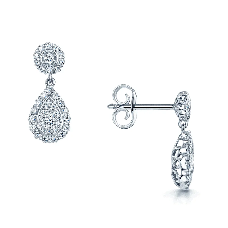 Silver Earrings With Blue Topaz-18ct White Gold Diamond Pave Fancy Halo Pear Drop Earrings