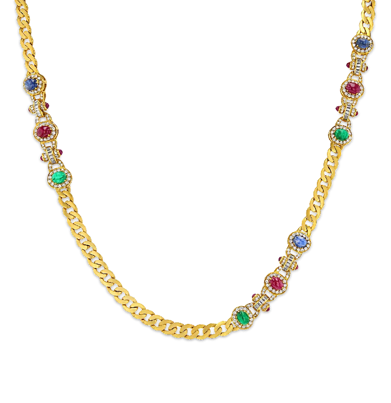 Simple Silver Necklace For Casual Outfits-Emerald, Ruby, Sapphire and Diamond Necklace