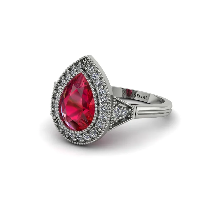 Unique Vintage Rings For Engagement-Pear Cut Ruby Milgrain Halo Engagement Ring - Daleyza No. 12