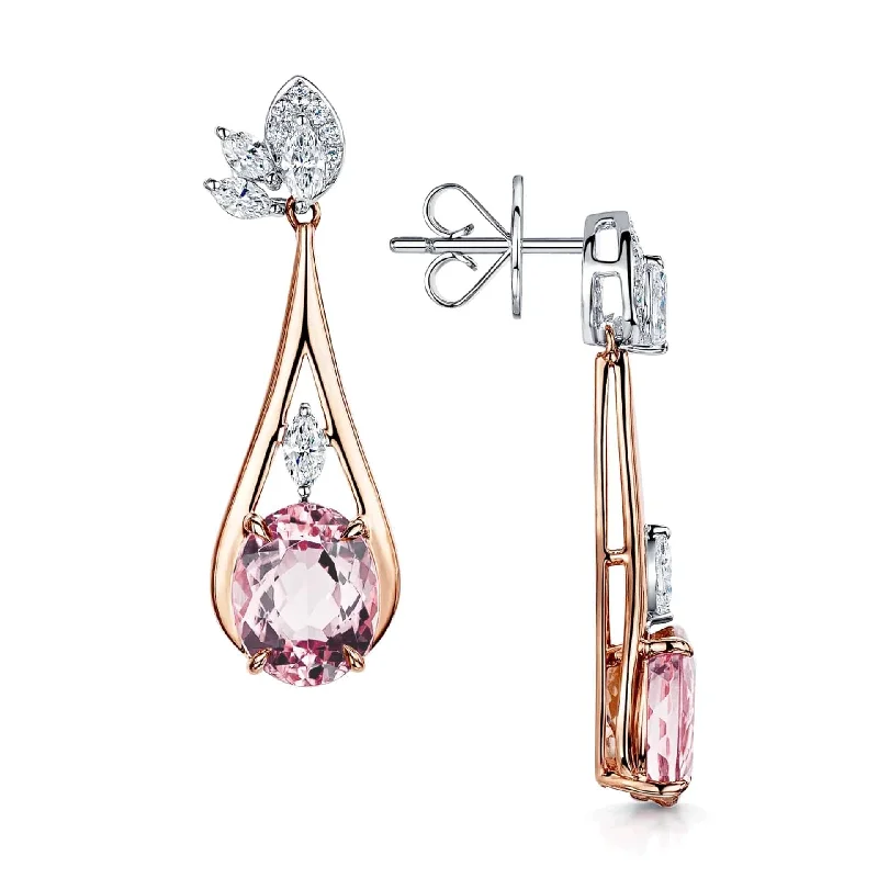 Beautiful Hoop Earrings For Weddings-18ct Rose & White Gold Oval Cut Pink Tourmaline & Marquise Cut Diamond Drop Earrings