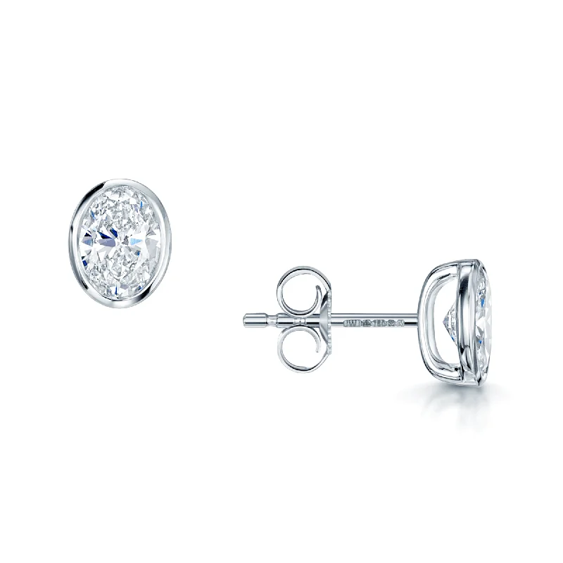 Personalized Earrings For Wedding Gifts-18ct White Gold Oval Cut Diamond 1.00ct Rub Over Stud Earrings