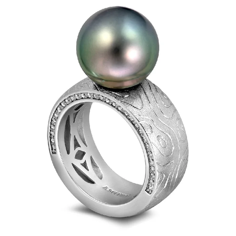 Personalized Wedding Rings For Unique Brides-Gold Ring with Tahitian Grey Pearl and Diamonds