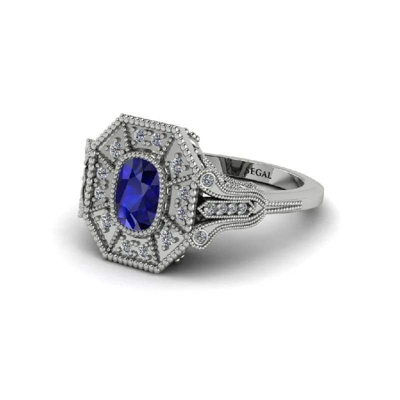 Unique Engagement Rings With Gemstones-Sapphire Cushion Cut Art Deco Engagement Ring - Alicia No. 15