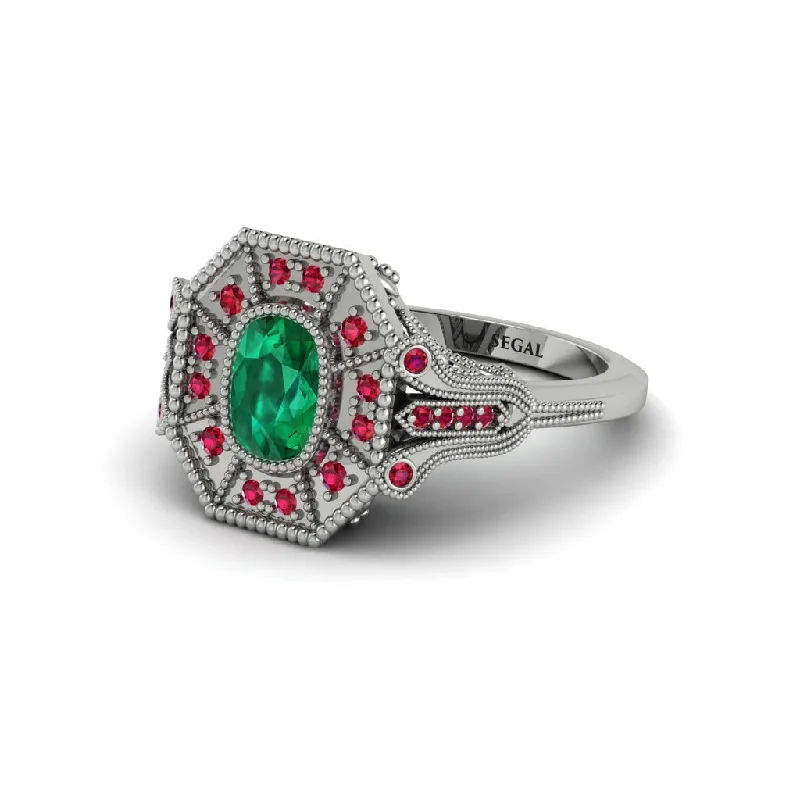 Elegant Emerald Rings For Wedding Bands-Emerald Cushion Cut Art Deco Engagement Ring - Alicia No. 51