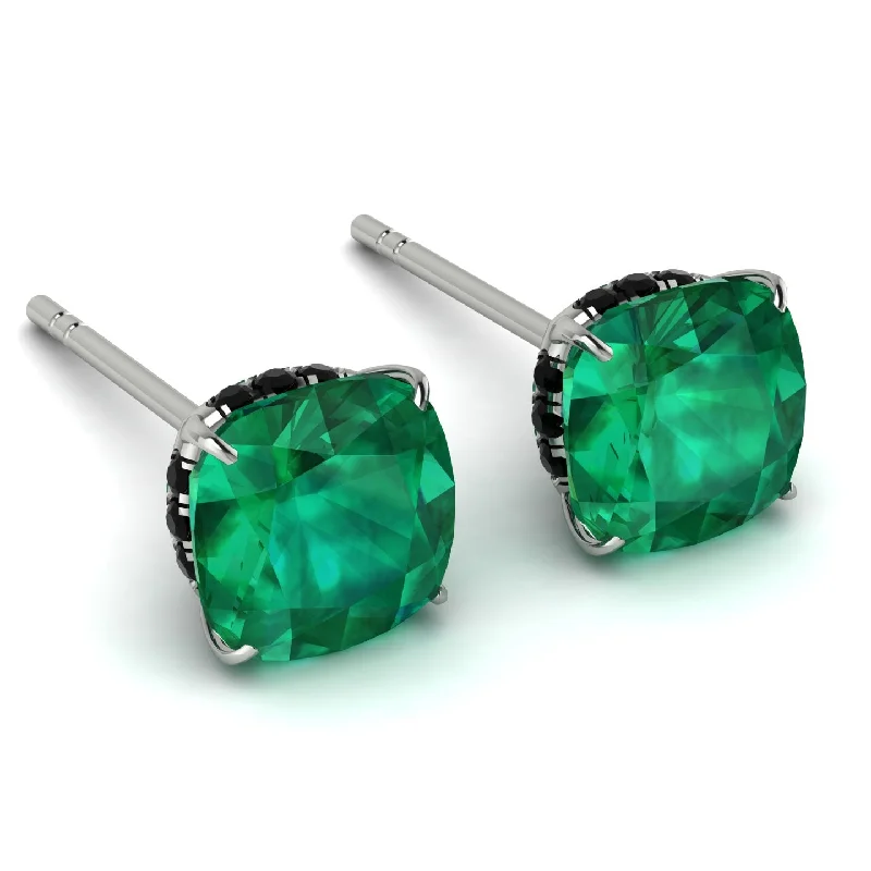 Handmade Silver Earrings For Office-Hidden Halo Cushion Emerald Earrings - Alivia No. 36