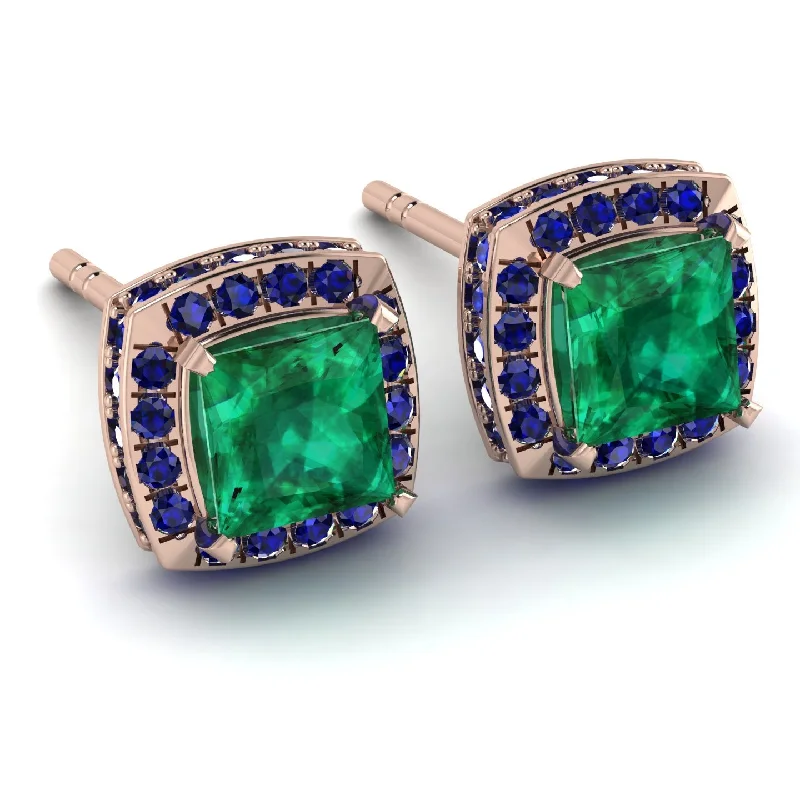 Sparkly Stud Earrings For Women-Hidden Halo Princess Emerald Earrings - Georgia No. 65