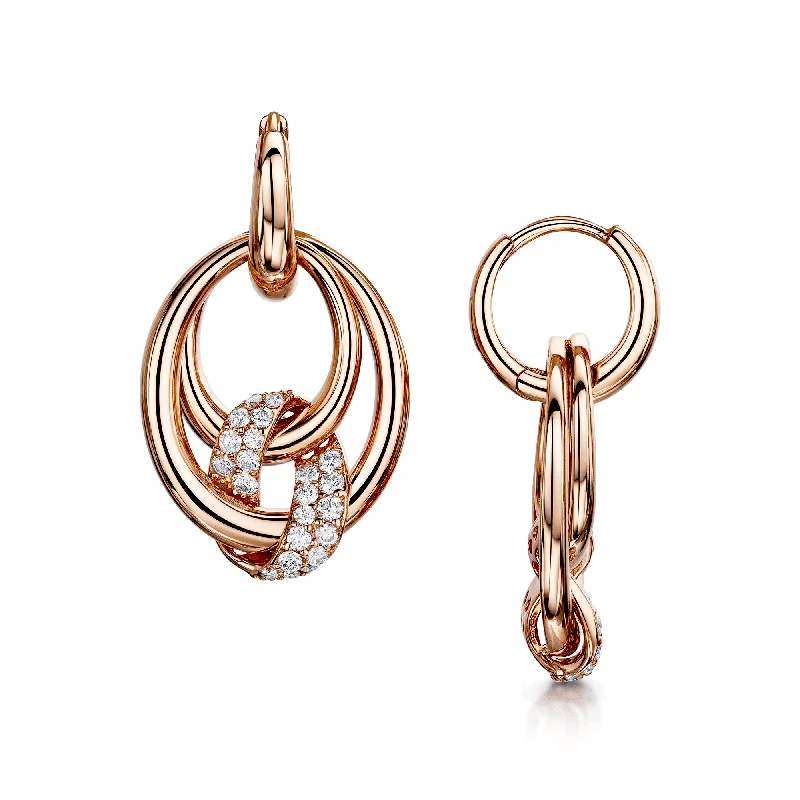 Silver and Gold Earrings For Wedding-18ct Rose Gold Oval Triple Twist Diamond Drop Earrings