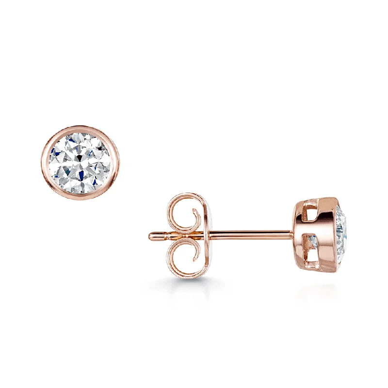 Fancy Earrings For Prom-18ct Rose Gold Round Brilliant Cut 1.00ct Diamond Rub Over Set Earrings