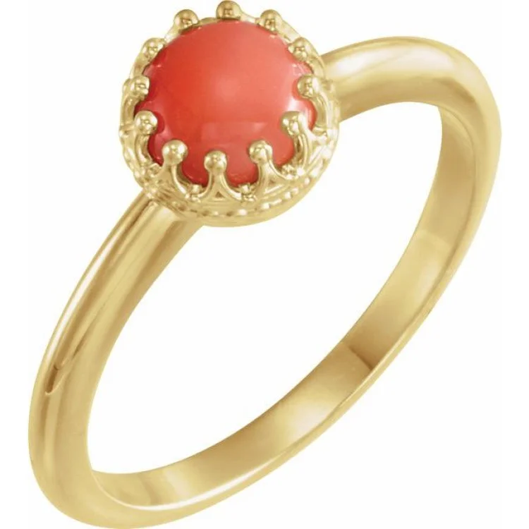 Simple Wedding Rings For Couples-14K Yellow 6 mm Natural Pink Coral Crown Cabochon Ring