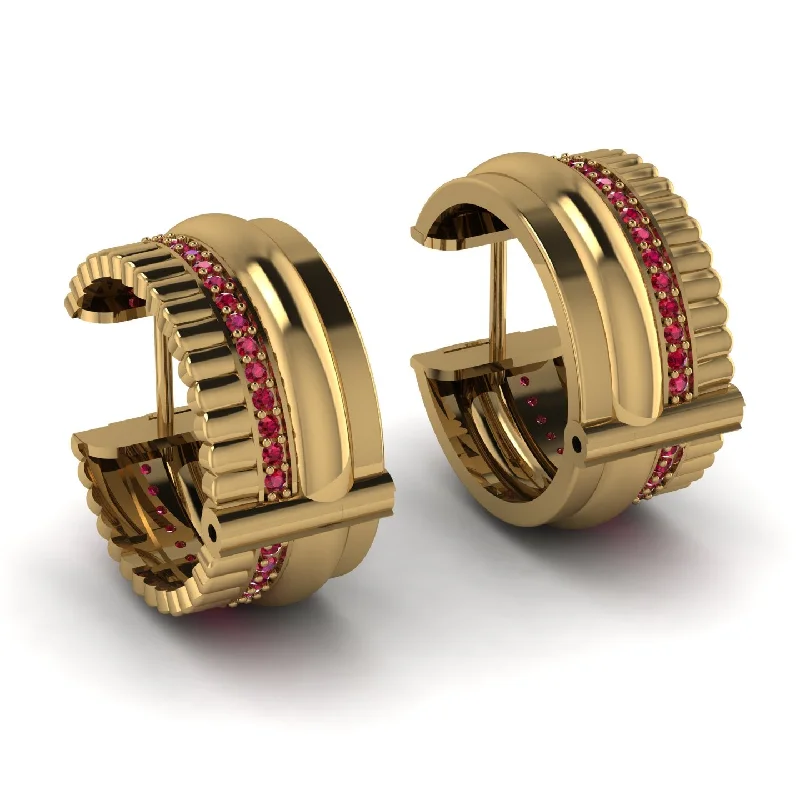 Classic Gold Stud Earrings-Exclusive Baguette Hoop Earrings With Ruby Accents - Aliyah No. 10